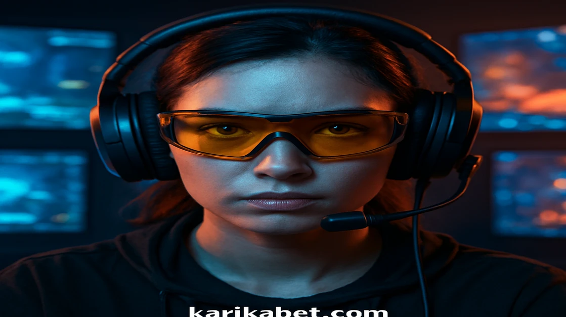 karika একজন নারী গেমার বড় হেডসেট ও স্পোর্টস গ্লাস পরে আছেন; পিছনে মোবাইল গেম ইন্টারফেস ও ই-স্পোর্ট ভিজ্যুয়ালস দেখা যাচ্ছে।