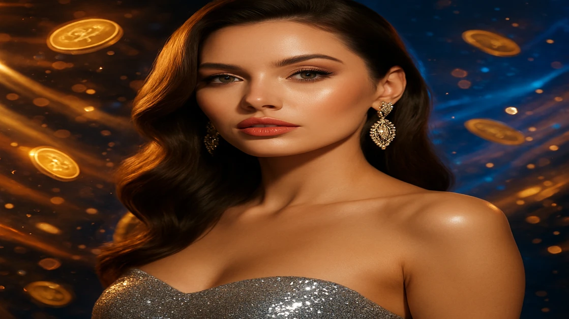 karika চকমকি পোশাক পরা এক গ্ল্যামারাস নারীর সামনে উড়ন্ত সোনার কয়েন ও জ্বলজ্বল করা গেমিং প্ল্যাটফর্ম-থিমা পটভূমি।