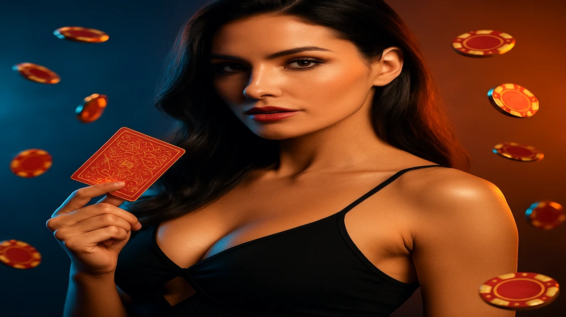 karika কালো পোশাক পরা সোনালি চুলের এক নারী লাল কার্ডটি হাতে ধরে আছেন; চারপাশে উড়ন্ত বিটকয়েন ও হীরা-খচিত ঝলমলে আলো, পটভূমি আগুন-লাগা জ্বলছে।