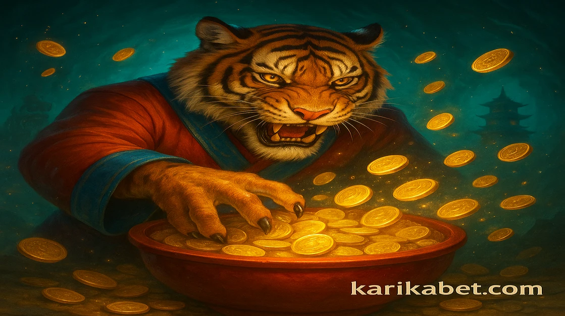 লাল পোশাক পরা একটি নকশা-ভিত্তিক বাঘ সোনা কয়েন ছুঁড়ে ধরছে; পটভূমিতে এশীয় ধাঁচের মন্দির এবং চারদিকে সোনালি দীপ্তি ছড়িয়ে রয়েছে। karika ব্র্যান্ডের ডিজাইন অনুযায়ী এটি তৈরি করা হয়েছে।